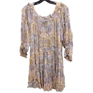 Free People Elephant Print See Ya Later Smocked Long-Sleeve Dress Size Small